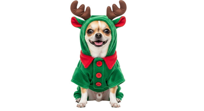 Cute chihuahua dog wearing a green reindeer costume with antlers