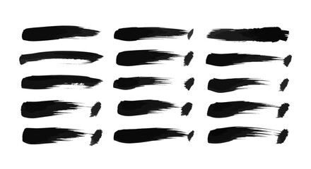 A collection of black brush strokes with varying thickness and texture, resembling ink splatters or artistic paint marks.