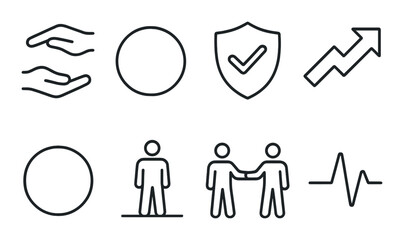 Monochrome icon set featuring symbols of security, growth, teamwork, and health