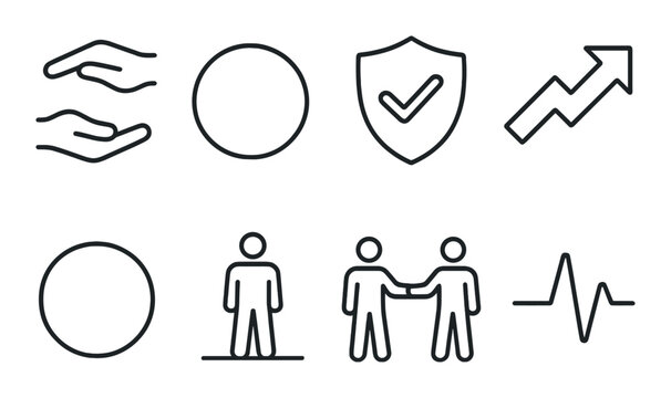 Monochrome icon set featuring symbols of security, growth, teamwork, and health