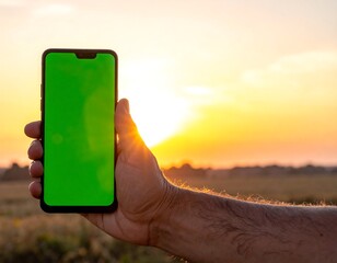 Hand holds a phone with a green screen, set against a golden sunset and landscape