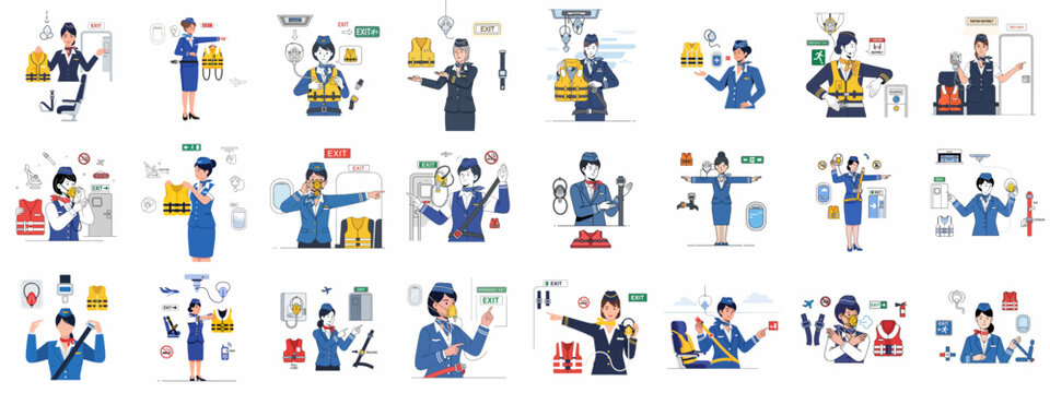 Aircraft safety instruction vector set featuring flight attendants demonstrating life vests, oxygen masks, seatbelts, and emergency exits procedures.