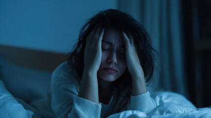 Unfortunately distressed women experience insomnia lying in bed with their forehead in hand reflecting sleep issues and stress