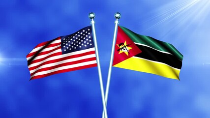 USA and Mozambique Flag Waving On Pole Loop