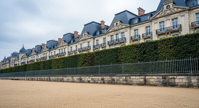 Stately European apartment buildings with ornate balconies and slate roofs are seen in a row behind a tall hedge and iron fence from a gravel path on a cloudy day
