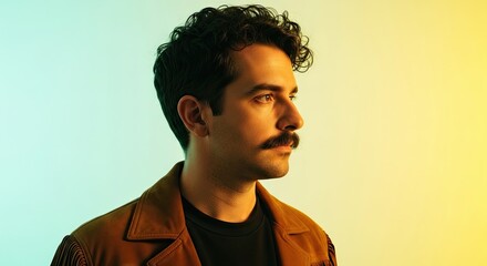 Obraz premium Side profile portrait of a thoughtful man with a mustache and curly hair wearing a retro jacket, illuminated by creative green and yellow studio lights
