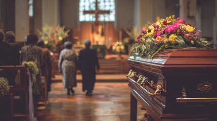 Mourners gather at church for a funeral filled with grief and sorrow as a family carries the casket accompanied by flowers and a ceremony