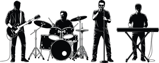 Silhouette of rock band performing live music, guitarist drummer singer and keyboard player, black and white vector illustration, isolated