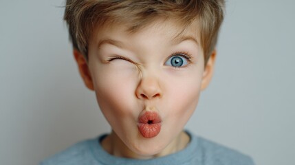Humorous expressions of a young child practicing mouth and tongue exercises focus on facial gestures emotions and psychological issues
