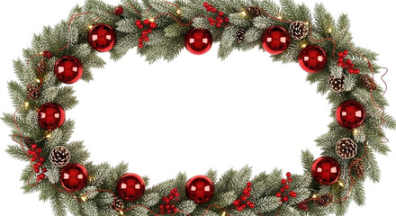 Oval christmas wreath with green pine branches, red baubles, pinecones, and berries