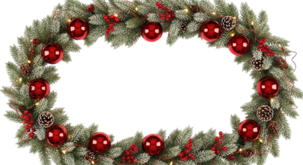 Oval christmas wreath with green pine branches, red baubles, pinecones, and berries