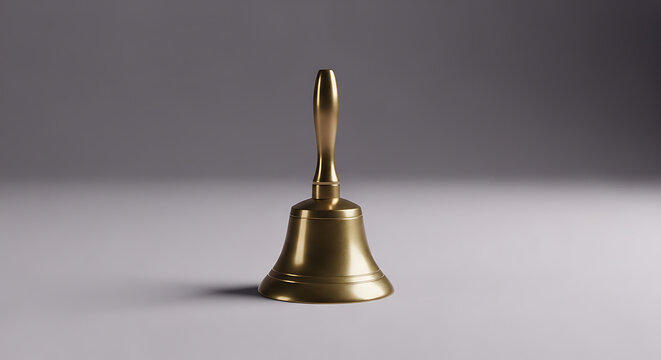 A shiny brass handbell with a long handle sits on a light surface against a gray background