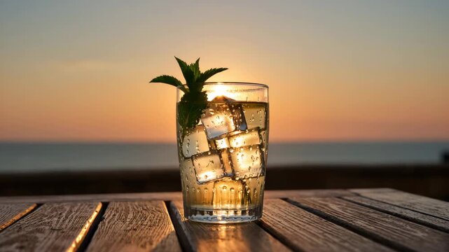 Glass of Hugo cocktail with mint leaves and ice cubes on a wooden surface, captured at golden sunset by the sea. Refreshing and elegant. Summer beach vibe.