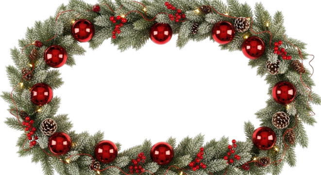 Oval christmas wreath with green pine branches, red baubles, pinecones, and berries