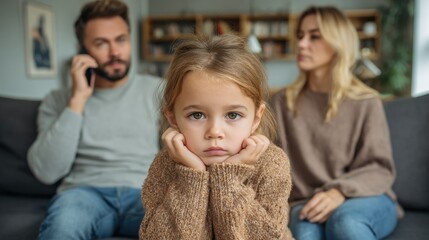 Upset girl sits with parents on sofa as mother discusses custody and support with social worker on the phone post divorce