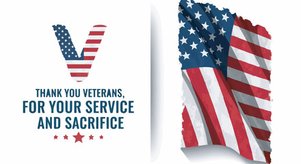 Thank You Veterans For Your Service and Sacrifice message with waving American flag isolated graphic.