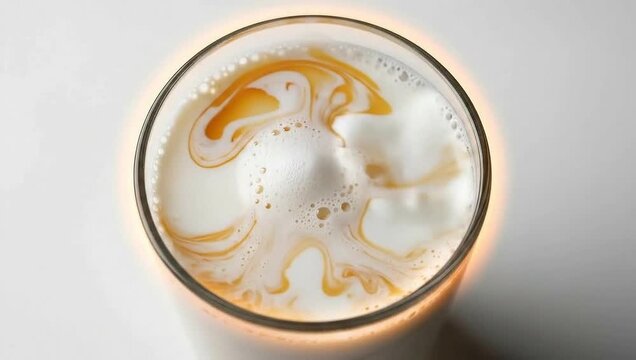 A Close-up top view of a foamy drink with a unique design, evoking refreshment and satisfaction. A beverage with captivating textures and an inviting appearance