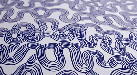 A close-up view of a repeating pattern of thick, wavy blue lines on a white surface, creating an abstract and flowing design.