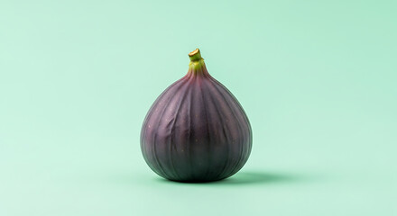 Fototapeta premium A single ripe fig centered on a light green background with a soft shadow underneath it in studio light