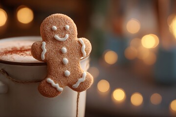 Gingerbread Ornament and Hot Beverage on a Blurry Background