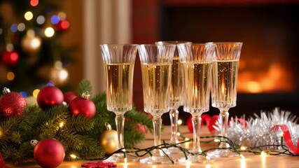 Four crystal champagne glasses on decorated table with Christmas ornaments, lights, and tinsel. Glowing fireplace and tree in background. Festive holiday atmosphere. - Powered by Adobe