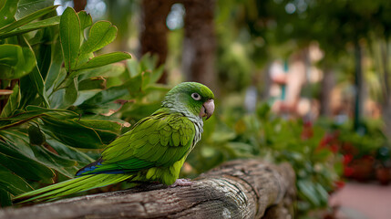 Vibrant green parrot sits on a wooden fence against a lush foliage backdrop. Ideal for nature publications, ecotourism promotion, wildlife education.