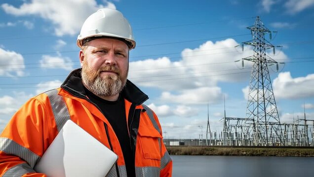 A construction worker in safety gear poses near power lines and substations, looking directly at the viewer.
