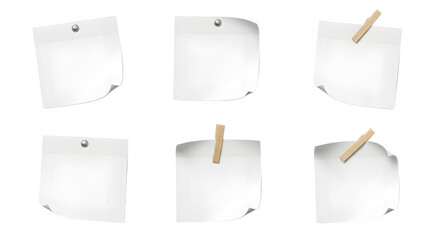 Collection of six white sticky notes attached with pins and clips on a black background