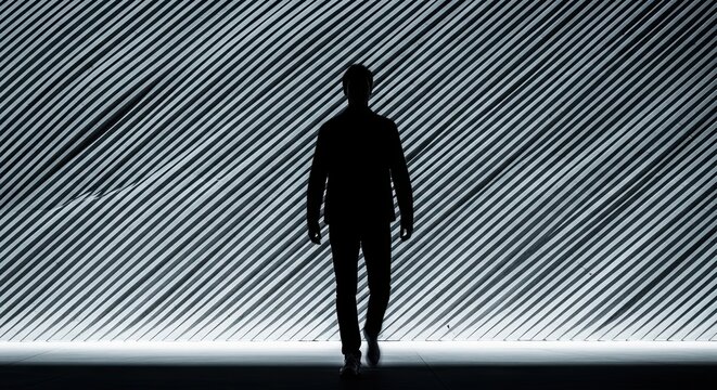 A lone person stands in full silhouette against a brightly lit, modern wall featuring a striking pattern of diagonal stripes, creating a dramatic and mysterious atmosphere