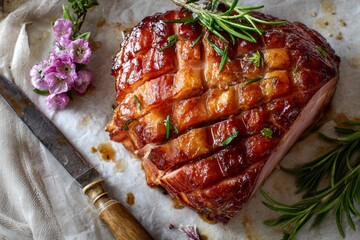Glazed ham garnished with rosemary sprigs, soft lighting enhancing sticky glaze. Concept of baked ham with sweet glaze, showcasing culinary artistry and deliciousness.