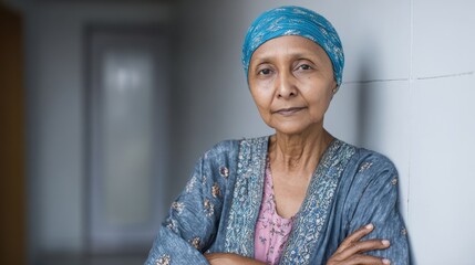 Portrait of an elderly Indian woman with cancer in a hospital after chemotherapy arms crossed symbolizing healthcare
