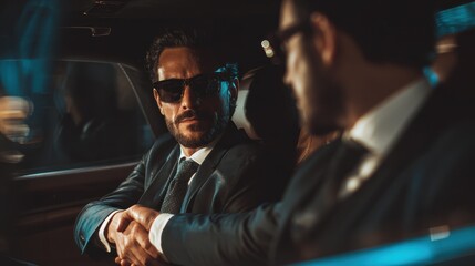 Discreet investigator in shades negotiating in upscale vehicle with elite client Security detail sleuth advisor