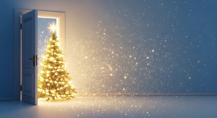 Glowing Christmas tree by an open door with soft light and ample copy space