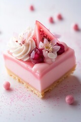 Slice of guava and white chocolate tart, modern dessert, decorative edible flowers and pink peppercorns