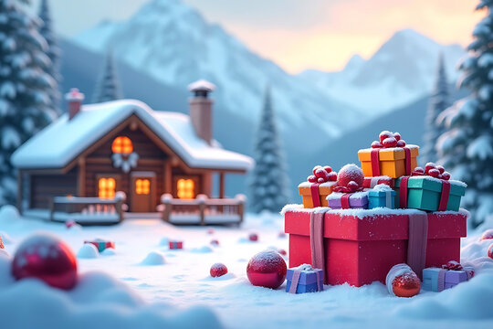 Cozy snow covered cabin with christmas gifts in a winter wonderland