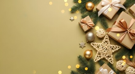 yellow Christmas background with gifts, ornaments, and warm copy space.