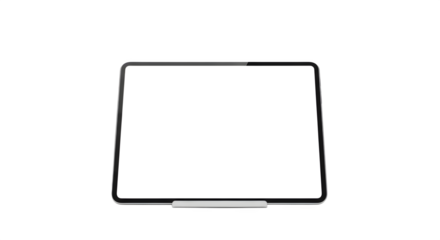 A tablet with a blank white screen and a stylus attached to the bottom on a black background