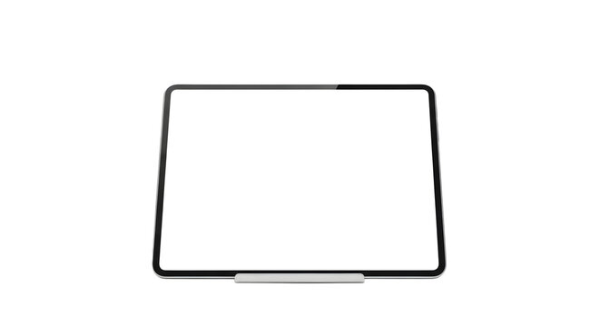 A tablet with a blank white screen and a stylus attached to the bottom on a black background