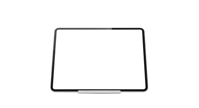 A tablet with a blank white screen and a stylus attached to the bottom on a black background