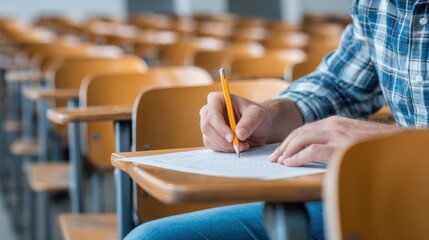 Uniformed student in a classroom writing answers on a paper during a final exam