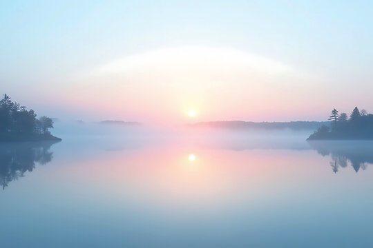 Misty sunrise over a calm lake with pastel sky reflections