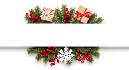 Christmas border with gifts, berries, pine branches, and clean white copy space.