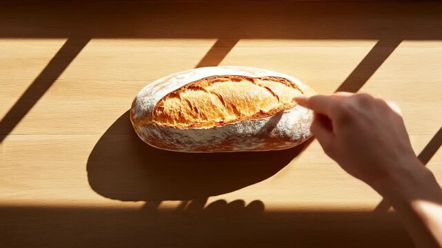 Fresh baked bread loaf on wooden table with hand and sunlight shadows