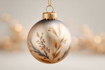 Elegant Christmas ornament with botanical design of feathery branches in warm gold and cool gray tones, against soft, blurred background with sparkling bokeh light