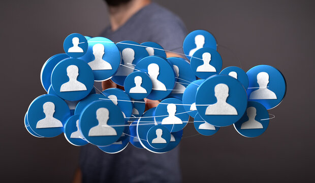 Conceptual image of a connected social network communication, showing connections between many people. Network of employees and management.