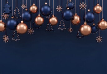 Luxury Christmas background with navy blue and gold hanging ornaments on dark background.