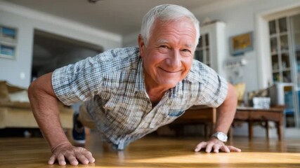 Active Senior Exercising Indoors: An active senior, embodying vitality and dedication, performs push-ups indoors, signifying a commitment to fitness and a healthy lifestyle.