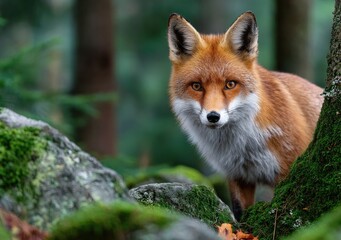 Obraz premium a fox standing on mossy rocks in the forest