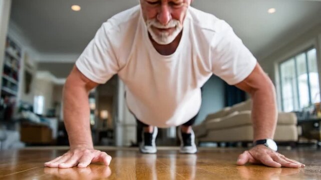 Elderly Strength: An older gentleman, embodying vigor and determination, performs push-ups on a polished wooden floor, showcasing the vitality of aging gracefully. 