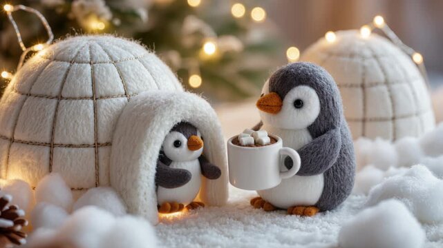 Felt penguins in a snowy Christmas scene near glowing igloos share a cup of hot cocoa with marshmallows. Handmade wool decoration. Warm, cozy holiday atmosphere.